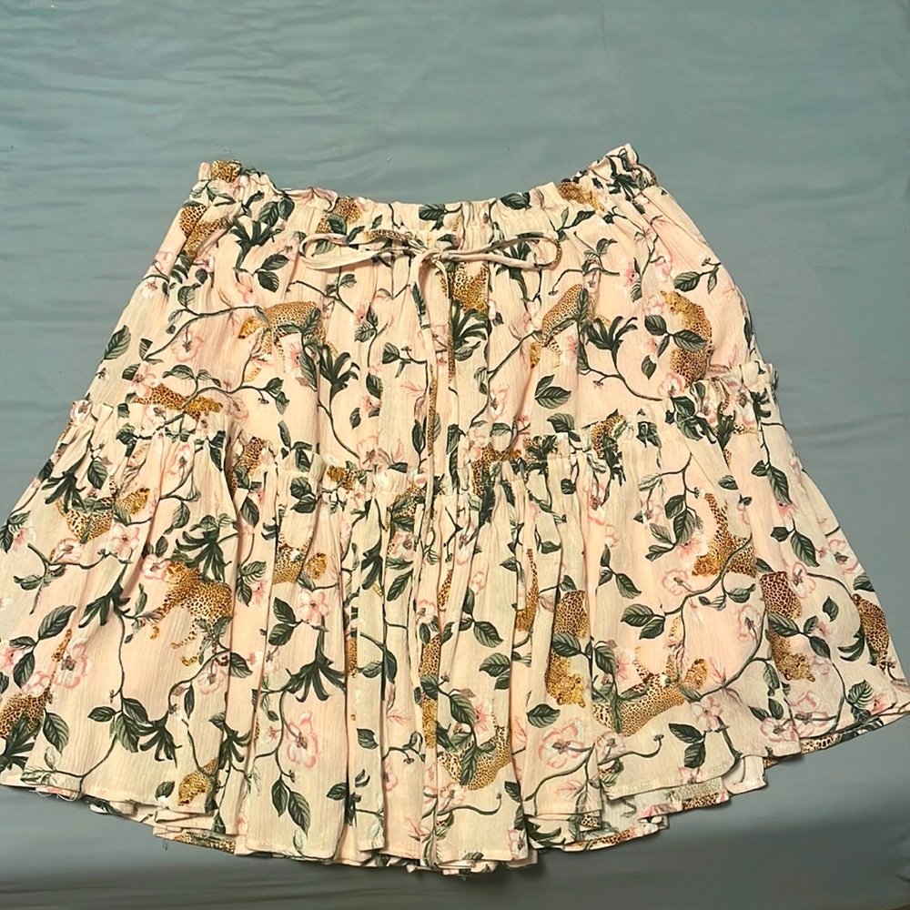 MINKPINK Cream Floral Mini Skirt with Green Leaves and Gold Leopard Print